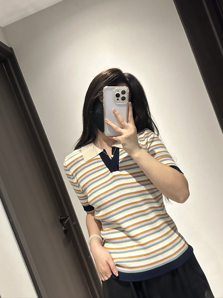 夏季新款简约百搭时尚条纹翻领女士短袖,女装T恤,沐策羊绒