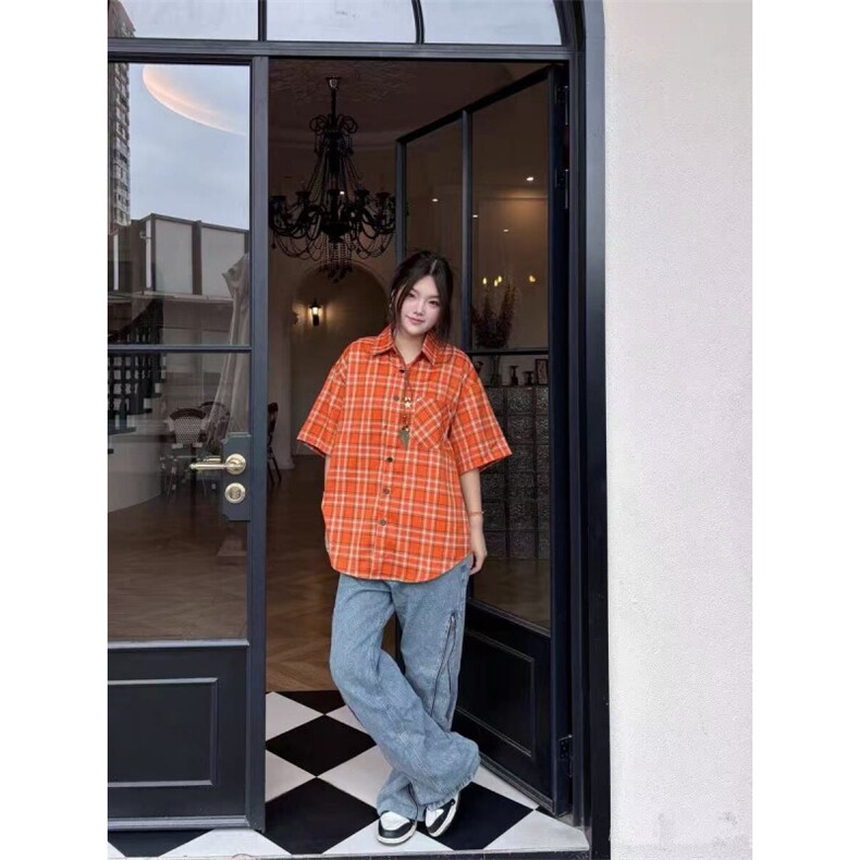 TC507-P38复古美式格纹短袖衬衫男女宽松情侣百搭休闲上衣,男装T恤,星座617A-2
