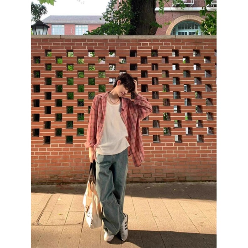 格子衬衫男女宽松痞帅长袖格纹衬衣帅气薄款防晒外套C1142,男装衬衫,星座1116A（原606A-3）