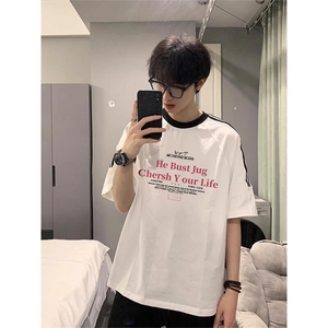 夏季美式高街重磅纯棉三条杠织带撞色男女短袖T恤ZD602-特P30图片