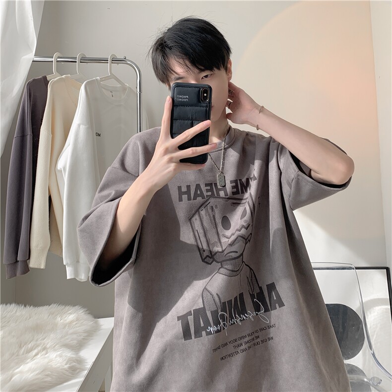 wassuphappy重磅麂皮绒短袖t恤男夏季美式宽松体恤潮牌百搭半袖,男装T恤,星座809A(原222-1)