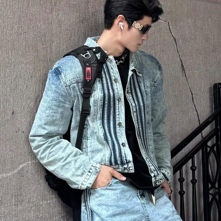 美式覆古三条杠翻领牛仔外套男款潮流街头百搭设计感短款工装夹克,男装工装外套,星座506A