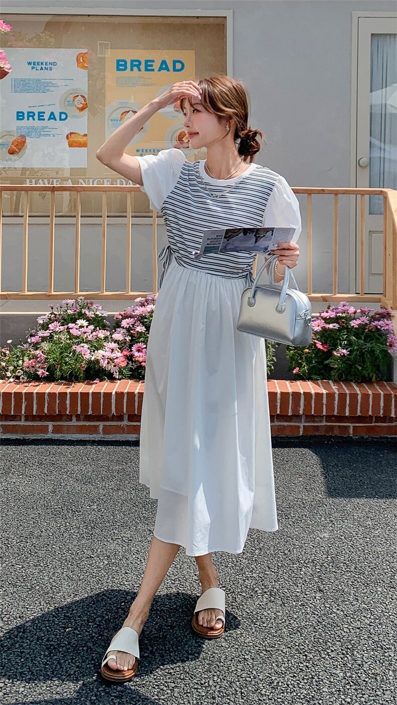 条纹拼接连衣裙假两件女夏季收腰显瘦法式茶歇初恋小众设计长裙子,女装连衣裙,2C212