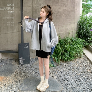 灰色简约连帽拉链卫衣女2025秋新款韩版设计感宽松减龄小个子外套图片