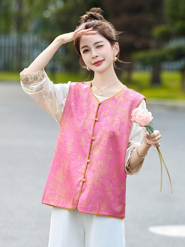 2025春季新款新中式g风提花短外套女高级感复古盘扣上衣外套,女装马甲,韩美纤衣