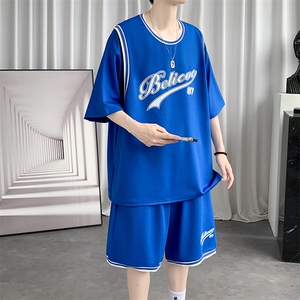 纯棉夏季短袖T恤套装宽松潮流篮球服男两件套男装F312P60控89图片