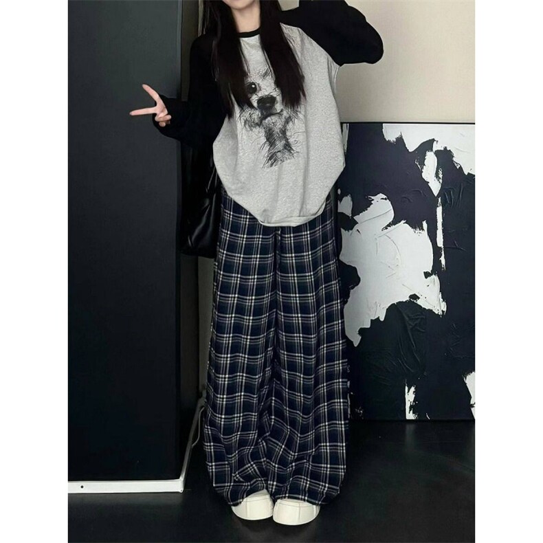 AK2445-p50蕾丝花边格子休闲裤女秋季2026新款磨毛设计宽松阔腿裤,女装休闲裤,星座617A-2