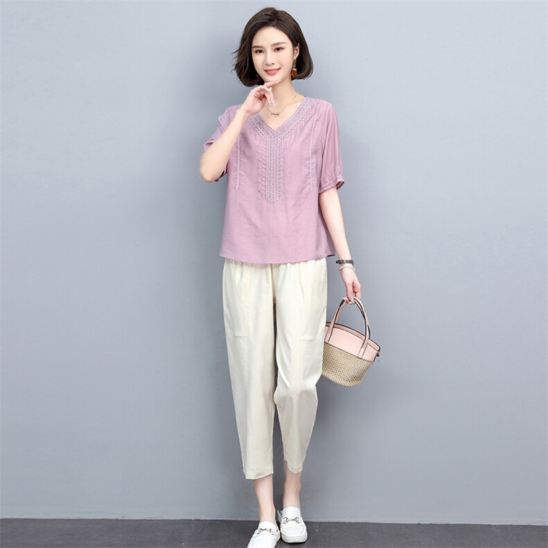 夏季套装女2025年新款中年妈妈装时尚洋气时髦百搭夏装休闲两件套,女装套装/套裙,忆绮罗