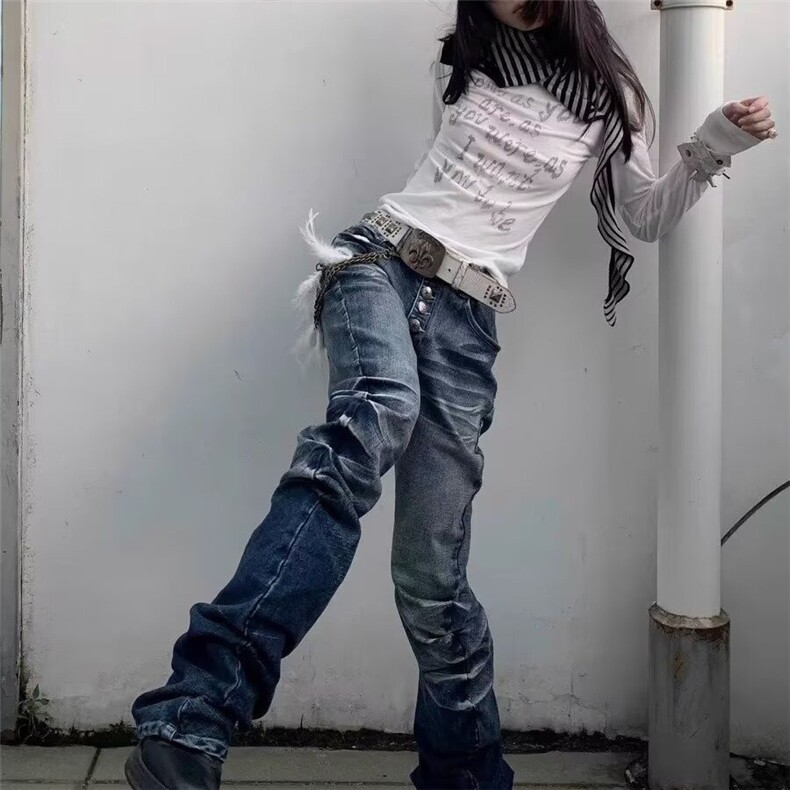 大码美式复古水洗波纹微喇牛仔裤女新款辣妹排扣褶皱直筒显瘦长裤,男装牛仔裤,星座506A