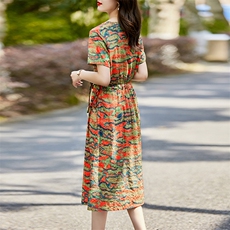 碎花连衣裙女2024夏季新款韩式显瘦棉麻风中年妈妈小个子复古裙子，女装连衣裙，超帛