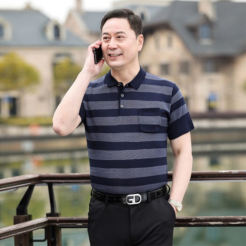 2025新款夏季爸爸装真口袋短袖t恤中老年男装翻领休闲冰丝POLO衫,男装T恤,星座1109