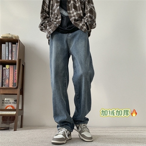 美式复古牛仔裤男春秋季阔腿裤子简约风潮牌青少年直筒宽松休闲裤图片