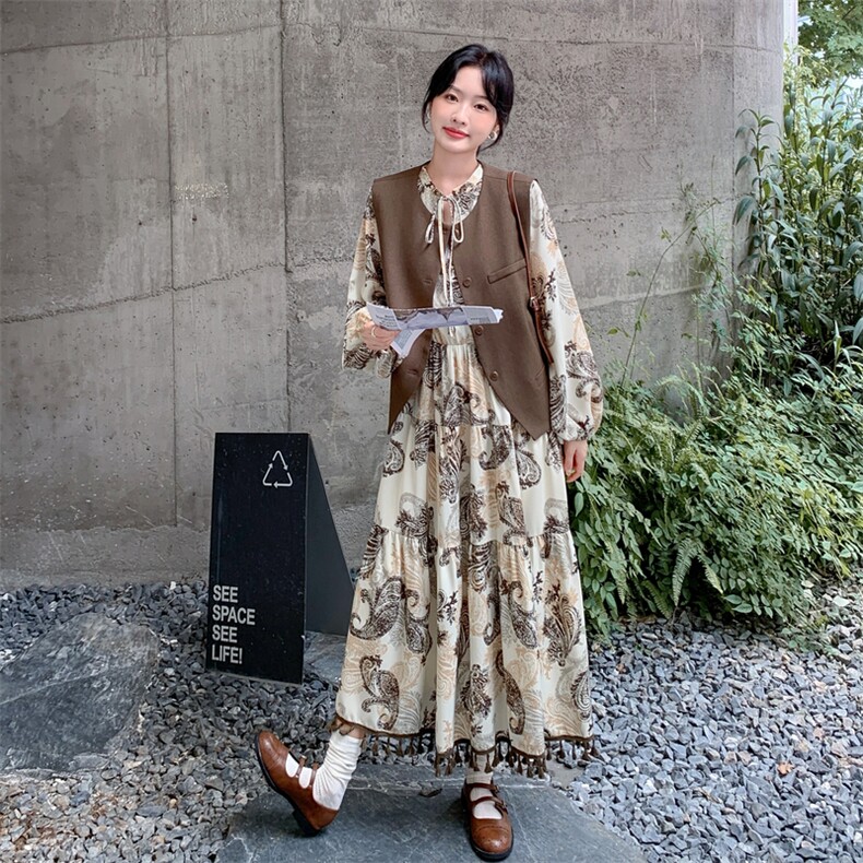 法式碎花连衣裙套装女2025秋季新款高级气质单排扣马甲长裙两件套,女装套装/套裙,2C305