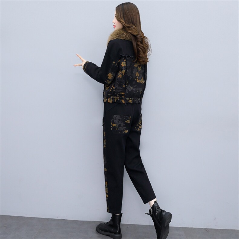 2021冬季新款加厚保暖复合毛绒牛仔印花两件套显气质款0998,女装套装/套裙,欣品汇