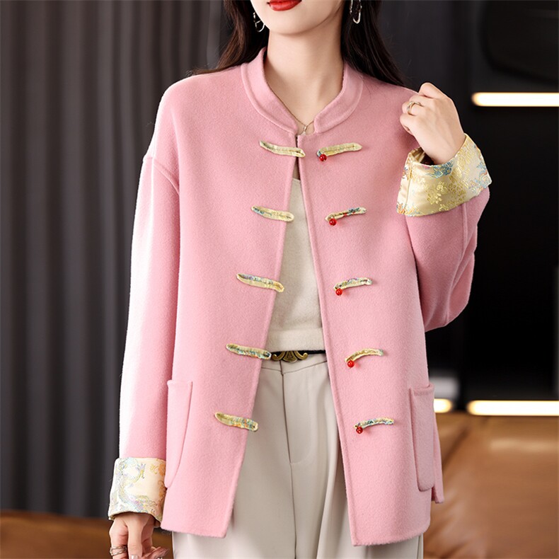 秋冬时尚新款简约百搭盘扣纯色潮流短款双面呢羊毛外套，女装双面呢大衣，贝源羊绒