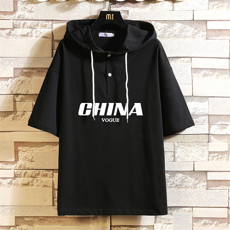 LD54001-P45连帽短袖t恤男大码胖子带帽五分袖中袖砖墙挂拍,男装T恤,电商A040A