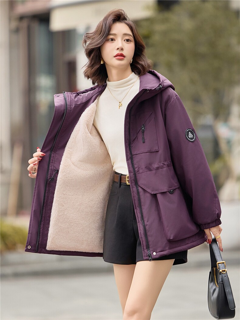 独特漂亮紫色加绒加厚派克服女2025冬季休闲宽松收腰显瘦棉服外套,女装短外套,E百度