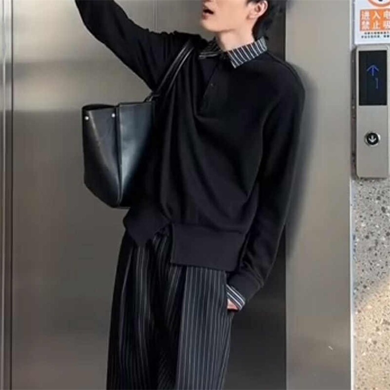 2025年秋季休闲长袖假两件黑色格子拼接POLO领韩系复古时尚卫衣,男装Polo衫,星座1210-1
