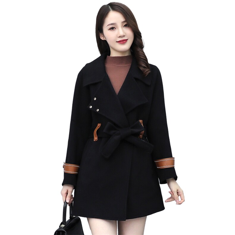毛呢外套女中长款2021秋冬季新款韩版拼皮系带小个子毛呢外套大衣,女装毛呢外套,千千佰惠