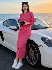 港风时尚休闲套装裙女春季新款玫红色开衫卫衣开叉半身裙两件套潮，女装套装/套裙，江南