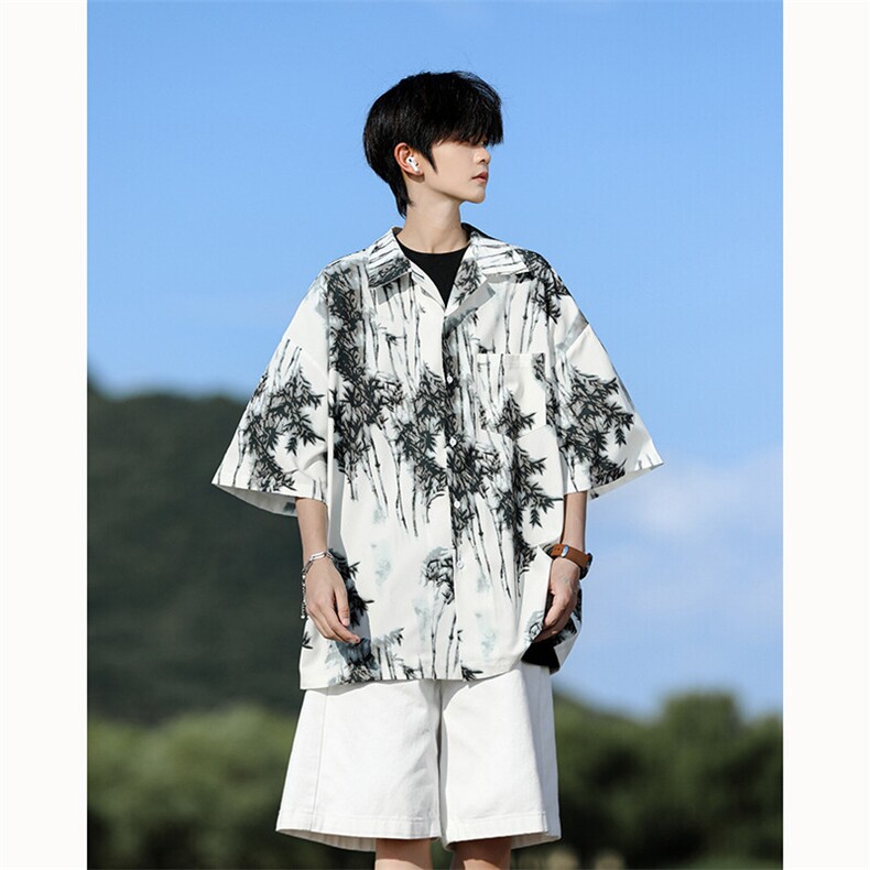 水墨花卉短袖花衬衫冰丝度假痞帅衬衣高级感夏威夷外套DC5015/P35图片