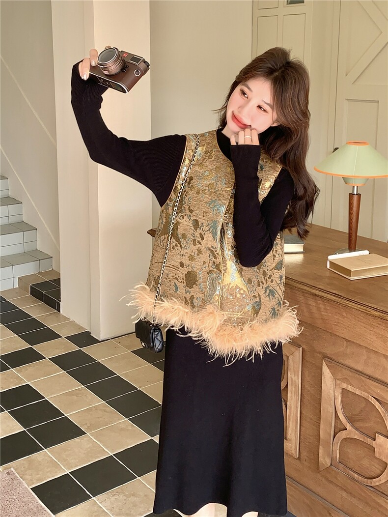 2026年新中式加棉雪尼尔绒质感提花纹理可拆卸毛条马甲两件套,女装套装/套裙,茵姿媚