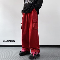 美式复古街头红色工装裤男女高街设计感阔腿休闲裤CG66P55，男装休闲裤，星座1116-2