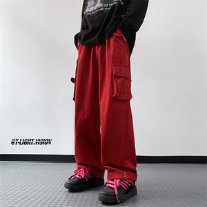 美式复古街头红色工装裤男女高街设计感阔腿休闲裤 CG66 P55图片