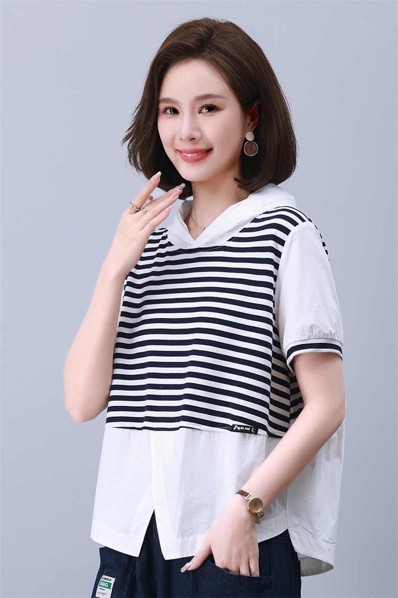 气质条纹卫衣外套女2025春秋新款假两件设计运动休闲潮流连帽上衣,女装衬衫,叶笙衣