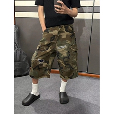 夏季美式复古破洞补丁七分牛仔裤男女宽松阔腿短裤D32177-p50，男装牛仔裤，星座1008