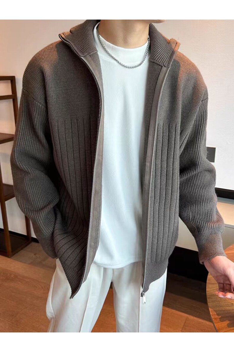 简约高级感纯色拉链开衫男复古慵懒宽松针织衫高领毛衣,男装针织衫/毛衣,星座218-8