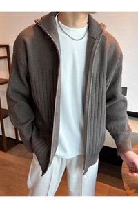简约高级感纯色拉链开衫男复古慵懒宽松针织衫高领毛衣图片