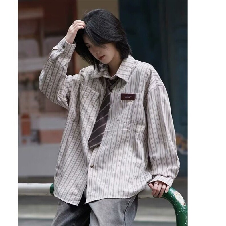 日系复古竖条纹长袖衬衫男女新款学院风百搭宽松衬衣LC522-p37图片
