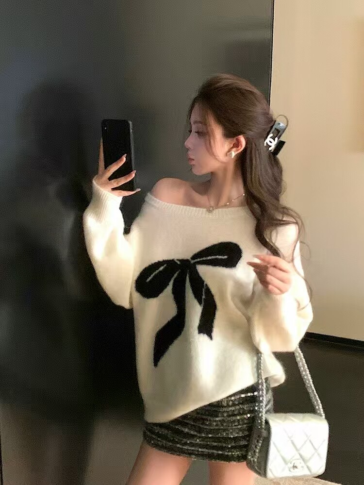 2025年秋季新款百搭一字领蝴蝶结提花套衫，女装针织衫/毛衣，米咔羊绒