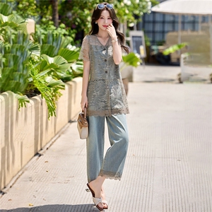 衫蕾丝拼接牛仔2件套女2026夏新显瘦蕾丝牛仔衬衫阔腿裤时尚套装图片
