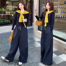 慵懒风撞色披肩长袖上衣工装阔腿裤两件套女2025秋季新款休闲套装，女装套装/套裙，纯色衣恋