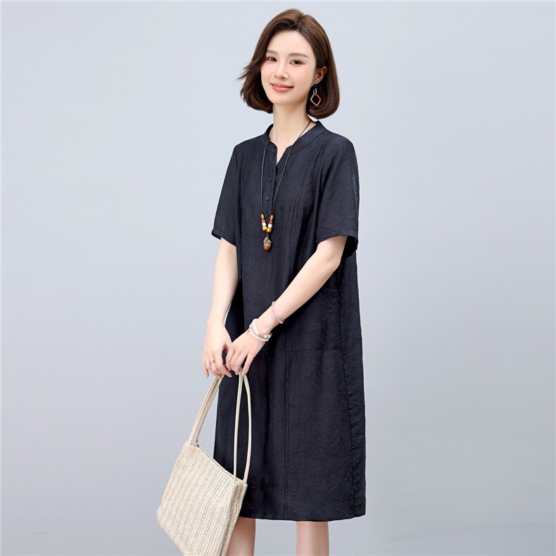 dpqb轻薄天丝连衣裙女2025夏季新款中年妈妈遮肚宽松大码中长裙子,女装连衣裙,依恋蒂丝