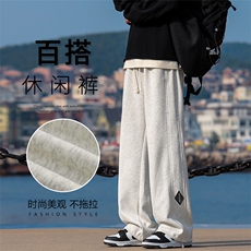 潮牌痞帅贴标宽松直筒裤子阔腿拖地裤垂感休闲长裤X1692-特批-39，男装休闲裤，星座718