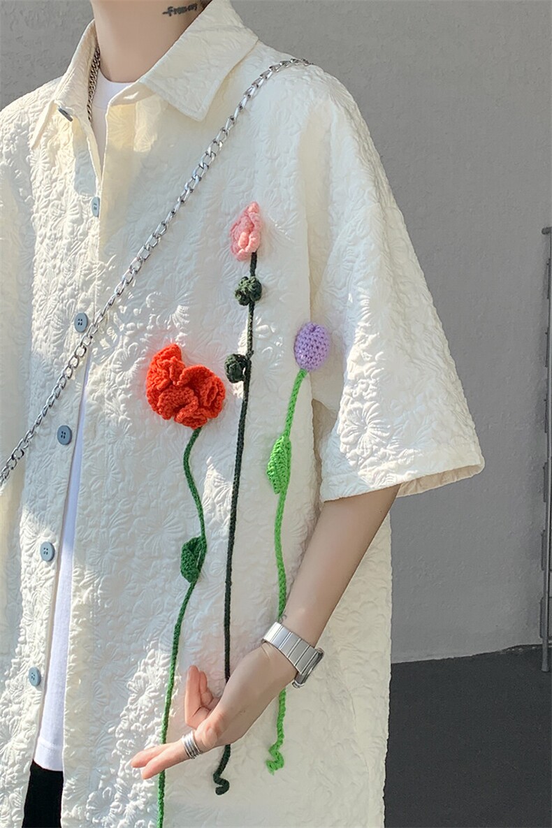 夏季法式小众肌理感衬衫短袖原创立体花朵衬衣多巴胺外套男CS531,男装衬衫,电商D206-1