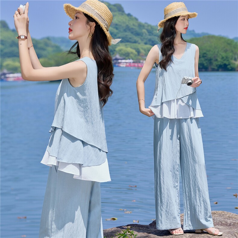 （新款现货）2026夏装时尚莱赛尔花苞假两件上衣阔腿裤套装两件套，女装套装/套裙，印象茜
