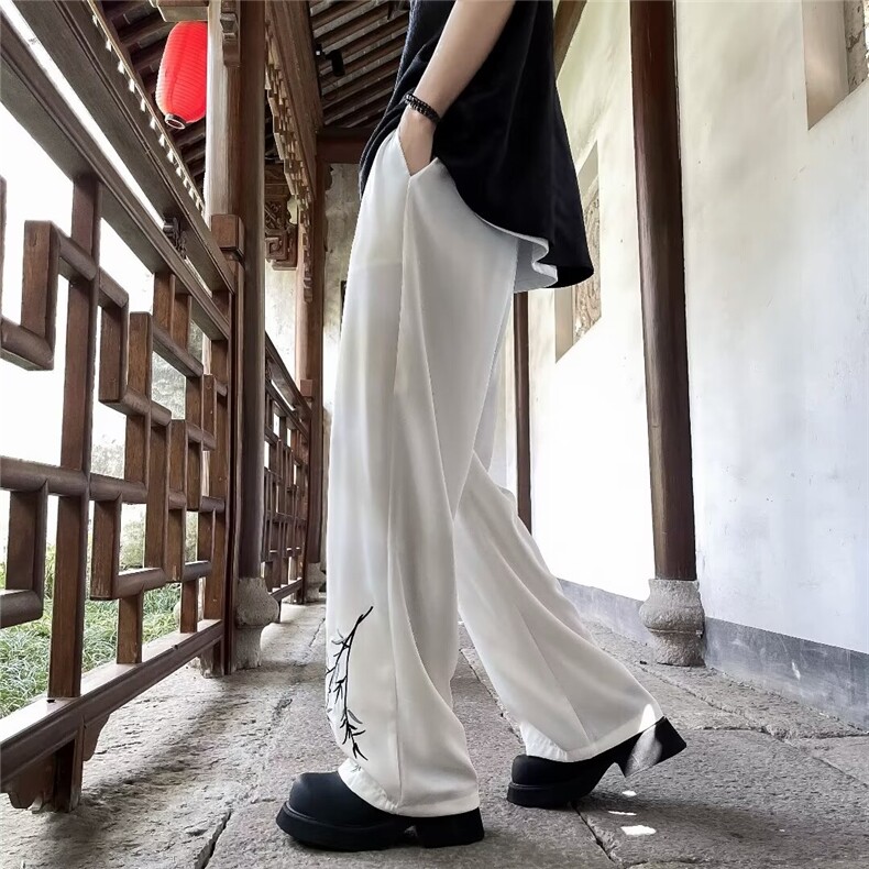 新中式风竹子刺绣潮牌冰丝裤子男春秋垂坠感直筒休闲西装长裤夏,男装休闲裤,星座1013
