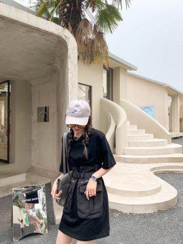 双口袋拼接连衣裙带腰带，女装连衣裙，Queena PHoebe