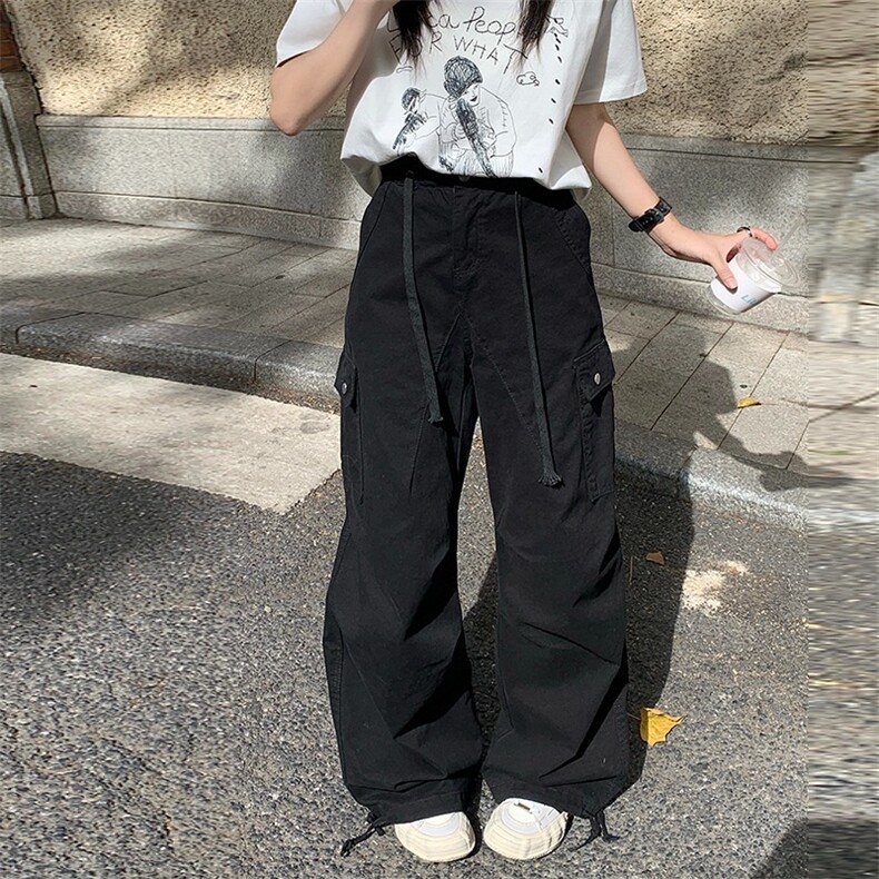 美式复古水洗做旧多口袋工装裤女阔腿宽松直筒百搭长款,女装休闲裤,星座1210-1