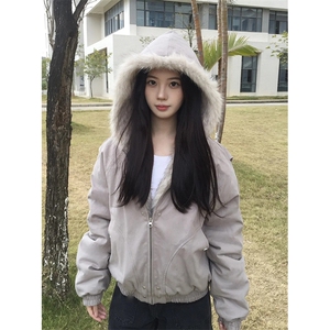 现货高品质美式高街冬季重磅硬挺短款座山雕毛领棉衣男女加厚外套,蓝色毛衣下摆裙搭配图片