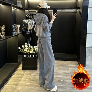 设计感纯色拼接收腰卫衣阔腿裤两件套图片
