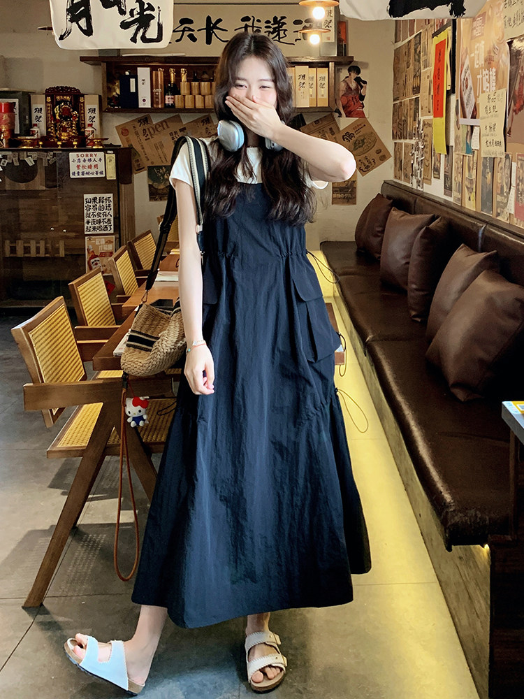 韩版休闲短袖黑色连衣裙套装女夏季2025新款宽松减龄吊带裙两件套,女装连衣裙,浙宝220
