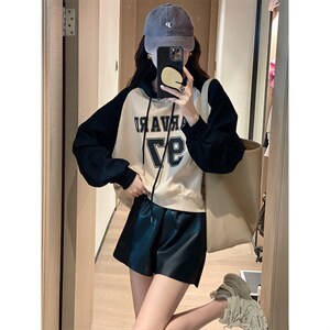 小个子撞色连帽字母卫衣2022秋季新款韩版时尚宽松运动数字上衣女图片