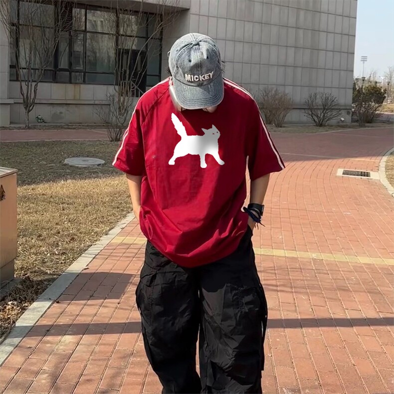 抖音得物高品质二开240克宽松纯棉美式潮牌三条杠织带短袖T恤,男装T恤,电商A486