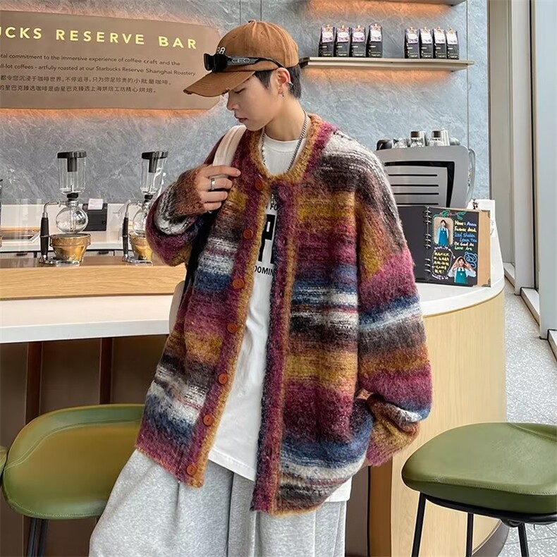 复古小香风扎染渐变条纹针织毛衣开衫慵懒风宽松外套AM321-P68,男装针织衫/毛衣,星座1109-3