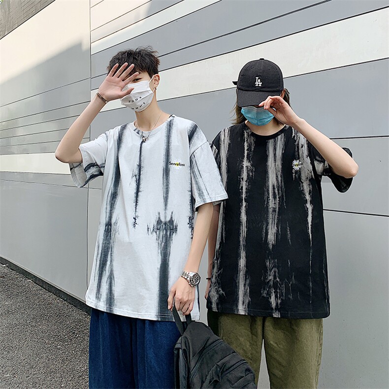 703-T208-P35 夏季男士扎染条纹小雏菊印花T恤情侣图片